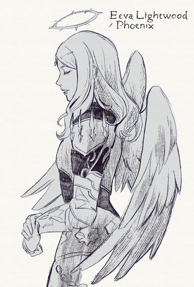 A print-like, textured artwork of a woman with angel wings, a halo, and armour. The text reads "Eeva Lightwood / Phoenix"