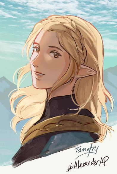 A painted portrait of a blonde WoL elezen with her hair down. She is backlit and there are mountains and clouds behind her. The text reads "Tamafry" and "AlexanderAP"