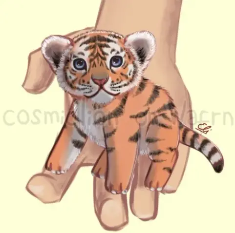 Digital fully rendered illustration of a tiny cute tiger being held by a light skinned hand. The tiger is looking up at the viewer with big puppy eyes. The background is pale yellow.
