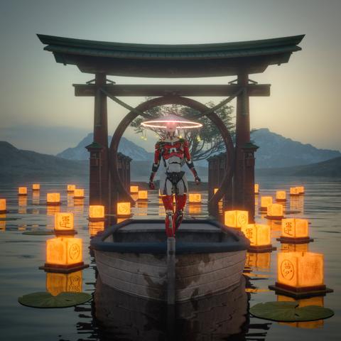Description by LocalLLM: In the foreground, a humanoid robot with a sleek red and silver design stands calmly in a small wooden boat that floats on still water. The robot wears a wide, circular hat that glows with a halo of light, resembling a futuristic take on a traditional straw hat. Its glowing eyes and polished form contrast with the natural calmness around it.

The boat in front of a Japanese Torii gate, a traditional wooden archway, symbolizing the entrance to a sacred space, pointing away from it. The Torii aligns with the robot and the distant snow-capped mountains, adding symmetry and depth to the composition.

The water around the boat is dotted with dozens of glowing floating paper lanterns, each softly lit and adorned with Japanese kanji characters. The lanterns cast warm reflections on the water and create a ritual-like, dreamlike atmosphere. The scene is set during twilight, with soft, diffused light from a setting or rising sun over the quiet lake surrounded by dark hills.

The overall mood is tranquil and contemplative, suggesting themes of spirituality, transition, and harmony between technology and nature.
