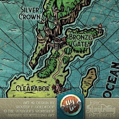A closeup of my Map of the World, showing some islands, two of them connected by a bridge linking two locations with very different architectural flair.