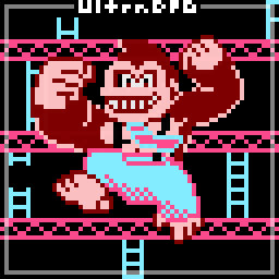 Pixel art of Donkey Kong with his new design in the style of his arcade game.