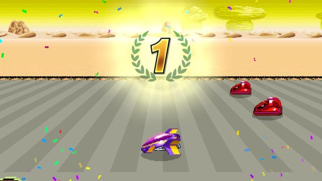 Screenshot from F-Zero 99. It shows a purple floating vehicle from the side across a track with the vehicle centered with a glowing 1 over its head with green laurels around it