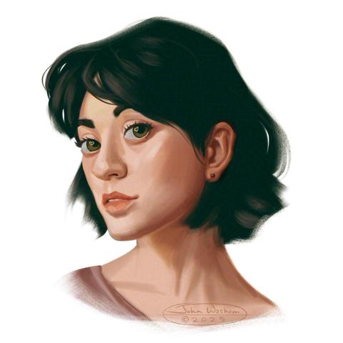 A digital painting of a woman with short dark hair and large eyes.