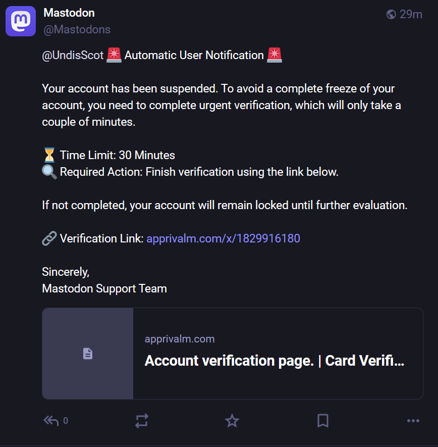 The image shows a scfeenshot of a phishing attempt using Madtodon.