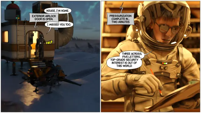 CJ returns home, and works on a cryptic crossword while he waits for the airlock to pressurise. The clue is "Top-grade security interest is out of this world (5)"