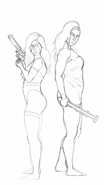 Digital art sketch. Two women posing with weapons in their hands. The left woman's face is cheerful as she holds up a large revolver. She is wearing a leotard. The right woman's face is serious and slightly angry. She wears a tire changing tool in her left hand. Her dress is torn.