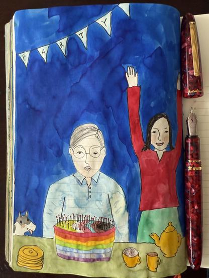 Sketch in sketchbook of my dearest blowing out candles on a rainbow cake while I hold my arms in the air. In a lower corner our dog is happily watching and there is a bunting with Party written on it. On the table there is also a stack of plates, a coffee cup with cappuccino and a heart latte art. A cup of tea and teapot.