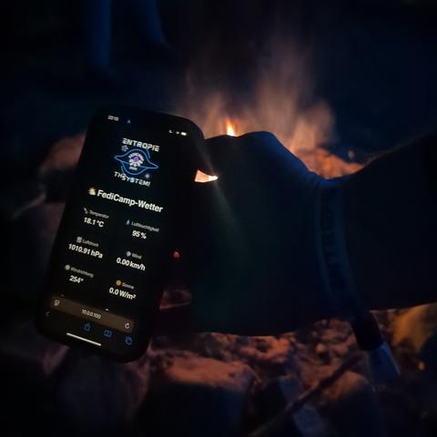 Smartphone mit aktuellen Wetterdaten, im Hintergrund ein Lagerfeuer