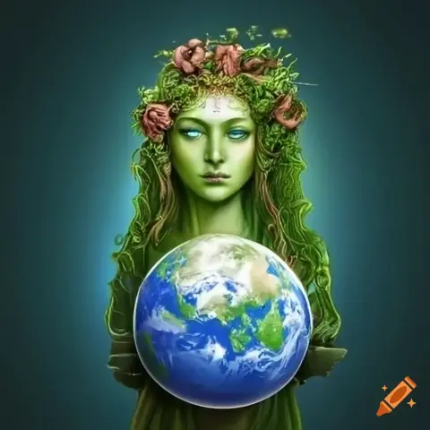Gaia (female goddess of the earth) carefully holding the earth on her hands.