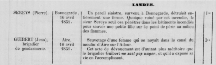 Mention de faits divers (incendie, noyade) et personnes qui se sont distinguées par leur comportement pour sauver des vies