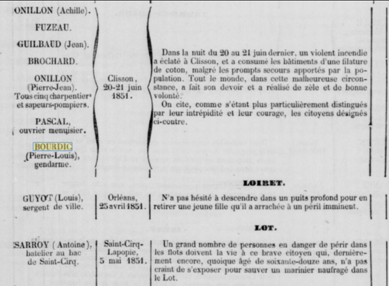 Mention de faits divers (incendie, noyade) et personnes qui se sont distinguées par leur comportement pour sauver des vies