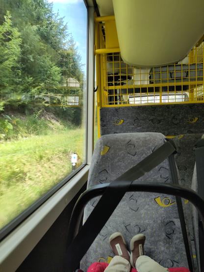 Foto. Babyschale auf einem Bus-Sitz.