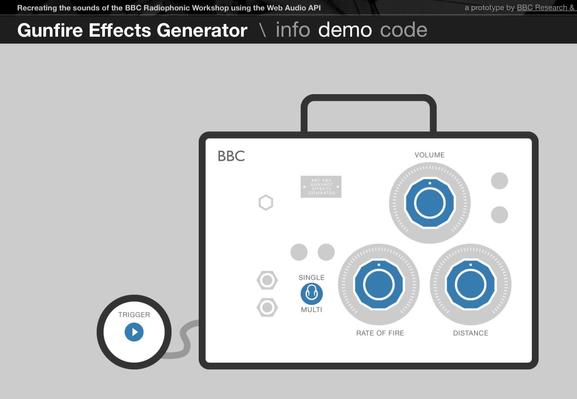 Screenshot Webseite des Gunfire Effect Generators. Weisse Box mit schwarzer Outline. mehrere Drehknöpfe und Schalter in Hellgrau und Marineblau.