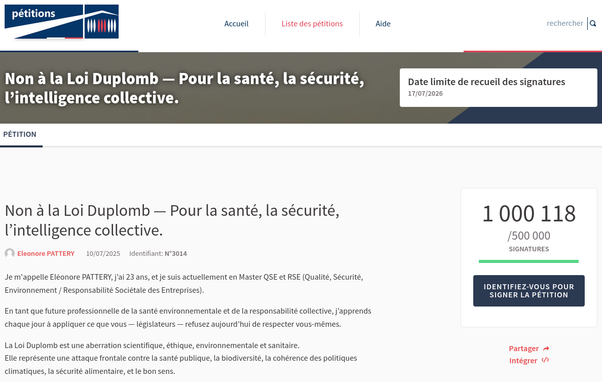 Capture d'écran du site de la pétition contre la loi Duplomb affichant 1 000 118 signatures.