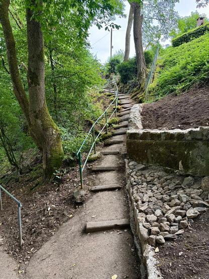 Ein schmaler, leicht verwitterter Treppenweg mit Holzstufen schlängelt sich durch eine grüne, bewaldete Hanglage. Rechts ist eine Natursteinmauer zu sehen, links stehen moosbedeckte Bäume. Ein einfaches Geländer begleitet den Weg. Die Szene wirkt ruhig, ursprünglich und ein wenig verwunschen.