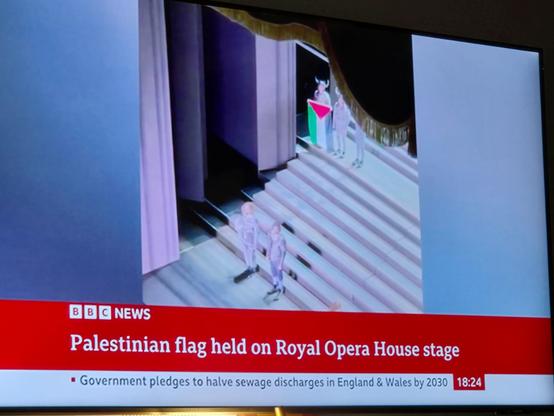 BBC news screen grab of performer holding Palestine flag during curtain call.