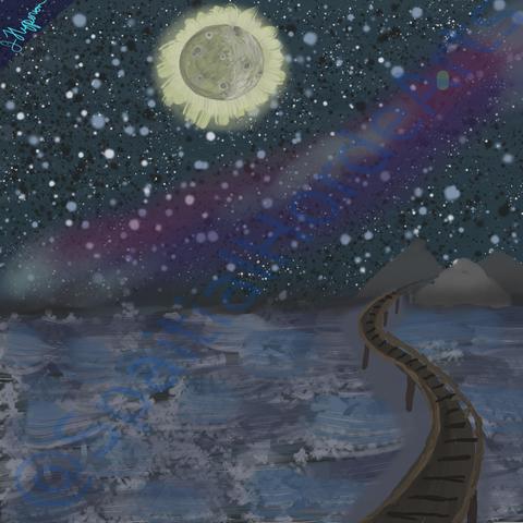 Deep teal skies speckled with white, black and pale blue stars. A glowing pale gold full moon high in the sky. Over trubulent grey blue waters. To the right is a brown snaking bridge that leads towards distant gray mountains.