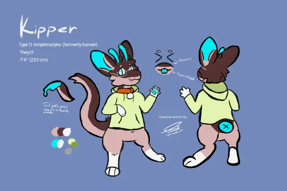 A reference sheet for Kipper, a brown and tan noodly creature with blue antennae and rectangular glasses. In this reference, they're standing upright, wearing a light green hoodie and orange collar with a silver tag.