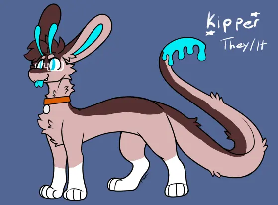 A reference sheet for Kipper, a brown and tan noodly creature with blue antennae and rectangular glasses. In this reference, they're on all fours, wearing nothing but their glasses and a orange collar with a silver tag.