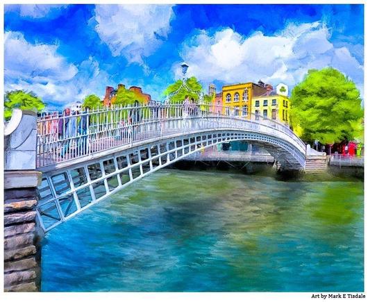 Digital art showing a view of the arched iron bridge known as the Ha'Penny Bridge in Dublin Ireland. It's seen crossing from the south to north bank of the river with spring green foliage on the opposite side. The water is reflecting the blue skies and green foliage.