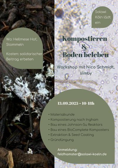 Sharepic mit Fotos von Boden in Natur und unter dem Mikroskop. Gleiche Infos wie im Post, zusätzlich Inhaltsangabe: Materialkunde, Kompostieren nach Ingham, Bau eines Johnson-Su Reaktors, Bau eines BioComplete Komposters, Extraktion & Seed Coating, Gründüngung