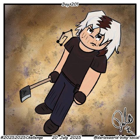 Drawing of Jerboa standing carrying an axe, ready to go axe throwing. He's staring at the viewer, not showing any emotion.