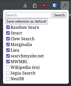 A screenshot from a LibreWolf browser extension, of a search bar and many checkboxes. The options listed are Random SearX, Stract, Clew, Marginalia, Lieu, SearchMySite, Mwmbl, Wikipedia, Sepia, and NeoDB.
