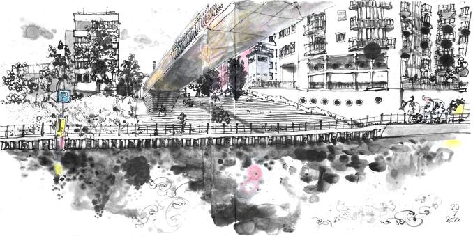 Tuschezeichnung eines Kanalufers, am gegenüberliegenden Ufer ist links eine Böschung mit Gras, darüber Bäume vor einem Haus, in der Mitte die Untersicht eines stählernen Fußgängerstegs, rechts davon eine Freitreppe zum Ufer, auf der Menschen sitzen, darüber Wohnbebauung, zwischen der ein DDR-Grenzwachturm aus Beton steht.