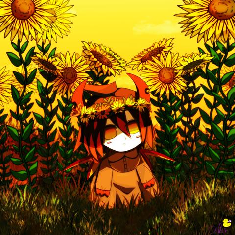 Little baby Ivlis sat in a field with a flower crown surrounded by sunflowers and a golden yellow sky.