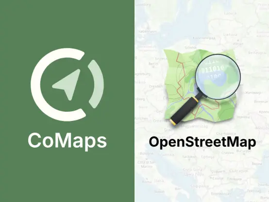On the left the CoMaps logo on an olive green background. On the right the OpenStreetMap logo on a background of a map.