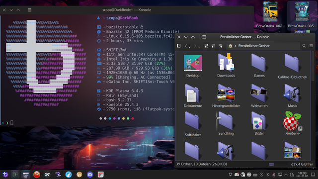 Screenshot of my desktop with KDE Plasma using Oxygen widget engine with Konsole and Dolphin