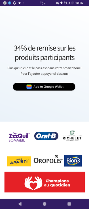 Capture d'écran d'un site avec -34% sur des produits de parapharmacie.
Il faut appuyer sur 'ajouter a Google wallet'