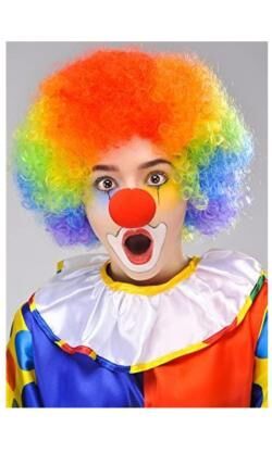 photo portrait d'un clown portant une perruque et une tenue aux couleurs vives pouvant rappeler le rainbow flag ou un arc en ciel d'une manière générale