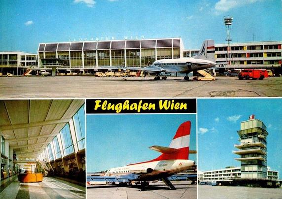 Four window postcard. Top large window had the arrival apron with an IL-14 boarding. Going clockwise - you see the town, then an Austrian Caravelle tail. Last window is of a view in side of the terminal