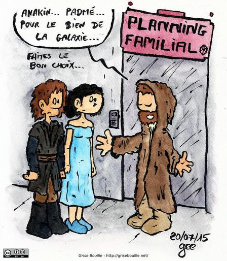 Obi-Wan, devant le planning familial, explique à Anakin et Padmé : « Anakin… Padmé… Pour le bien de la galaxie… faites le bon choix… » Note : dessin sous licence CC BY SA (grisebouille.net), réalisé le 20 juillet 2015 par Gee.