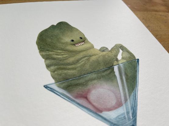 painting of a chubby green monster sitting with his back 3/4 to us in a martini glass, holding onto his feet and turning his head to us and grinning. You can see his pink butt cheeks pressed against the glass.