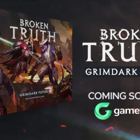 A visually striking box cover for "Grimdark Future: Broken Truth" features two distinct armies: the Saurian Starhost, depicted as fierce, space-aged lizardmen, and the Robot Legions, showcasing robotic figures with a mix of armor and skeletal elements. The title "BROKEN TRUTH" is prominently displayed at the top, with "GRIMDARK FUTURE" and "TWO-PLAYER BATTLE BOX" featured below. The background is dark and atmospheric, enhancing the sci-fi theme, while the text "COMING SOON" and the Gamefound logo indicate the upcoming campaign launch.