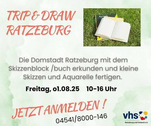 Werbebild für eine Veranstaltung mit Skizzenblock in Ratzeburg, mit einem offenen Skizzenbuch auf Gras, mit Text über die Erkundung der Stadt und das Erstellen von Skizzen und Aquarellen. Datum ist der 1. August 2025, von 10 Uhr bis 16 Uhr