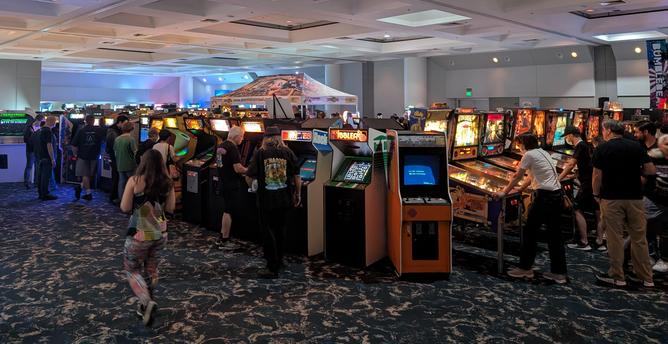 Picture of arcade machines in the convention center at Santa Clara.