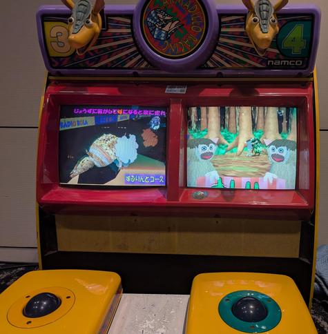 The arcade machine Armadillo Racing, a delightfully silly Japanese track ball game