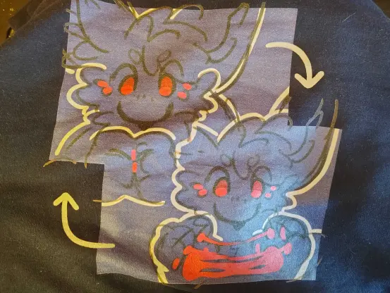 A back of a hooded sweatshirt showing two sketches of an Amphimorpho (a noodly alien creature with large ears and a large, round, noseless snout). In one sketch, it has its paws held together, and on the other sketch, its paws are spread apart, showing a trail of hot pink goo connected to the paw pads.