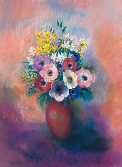 In this pastel, the bouquet explodes from the vase into a kaleidoscope of colors and shapes.