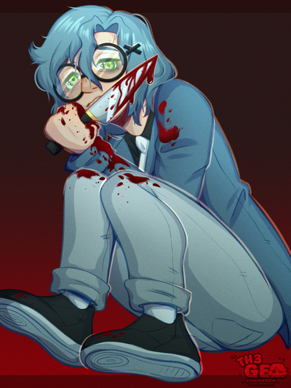 - Drawing Type:
Normal Style / Cell Shading / Fullbody

- [ 1 ] Character/s:
* Human / Male

- Background:
Flat Color

- Description:
Drawing of a blue boy [Almost everything he have it's blue: hair, outfit...] holding a knife with some blood. That blood also got into his clothes