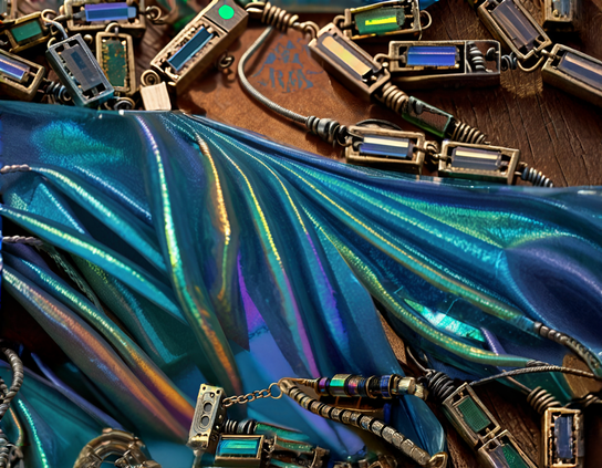 Iridescent blue-green futuristic fabric, draped with a jumble of metallic electronic components with a tech jewelry vibe.