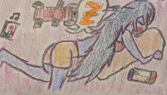 Color pencil drawing of Azusa Riyo, a Pantoran woman from Star Wars, sleeping. She is hugging the pillow that she is drooling into. Her Nintendo Switch 2 has an image of a banana on it. Her phone is indicating that she is getting a call and making noise. Mr. Scruffles, a bantha plushie from Star Wars, sleeps nearby. Both Riyo and Mr. Scruffles are snoring loudly.