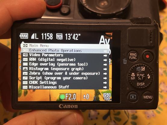 Back view of the s100 with the alternative menu of CHDK loaded up.