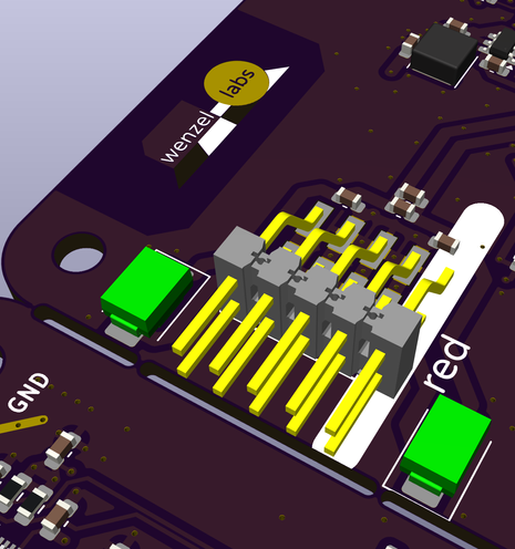 3d rendering of a PCB with a .1 inch eurorack power connector sitting sideways/flat on the PCB, and two large green diodes aligned to the side of the connector pins
