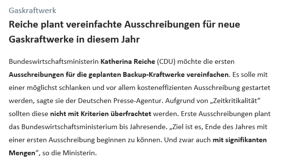 Absatz aus dem Background Tagesspiegel-Newsletter Klima+Energie vom 22.7.25. Überschrift: Reiche plant vereinfachte Ausschreibungen für neue Gaskraftwerke in diesem Jahr.