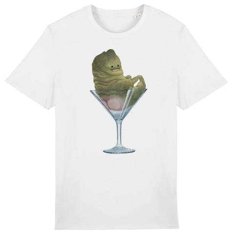 classic white t-shirt with a little fat green monster sitting in a martini glass with his little pink bottom showing